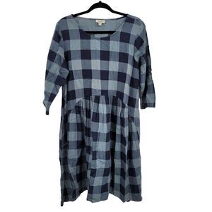 Orientique‎ Naturally Peasant Dress S Blue Buffalo Check Linen Oversized Pockets
